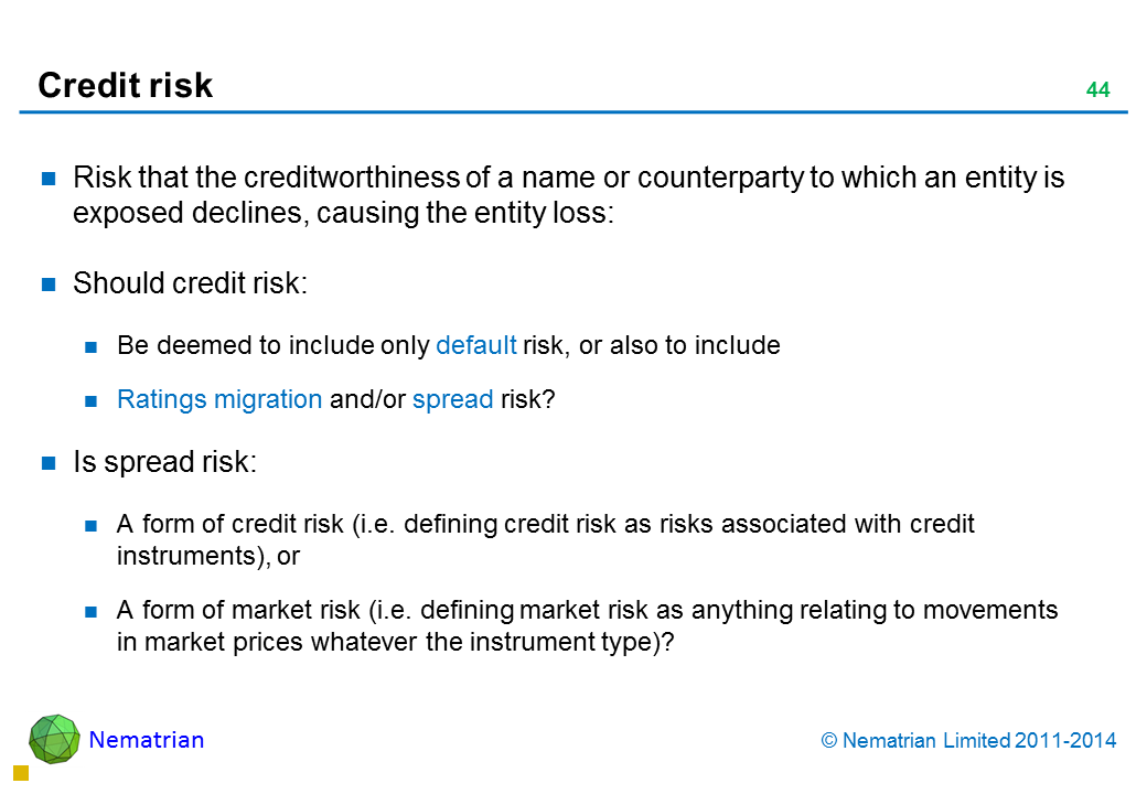 Bullet points include: Risk that the creditworthiness of a name or counterparty to which an entity is exposed declines, causing the entity loss: Should credit risk: Be deemed to include only default risk, or also to include Ratings migration and/or spread risk? Is spread risk: A form of credit risk (i.e. defining credit risk as risks associated with credit instruments), or A form of market risk (i.e. defining market risk as anything relating to movements in market prices whatever the instrument type)?